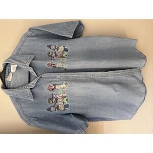 Vintage Bobbie Brooks Embroidered Denim Shirt Birdhouse Garden Cottagecore XL
